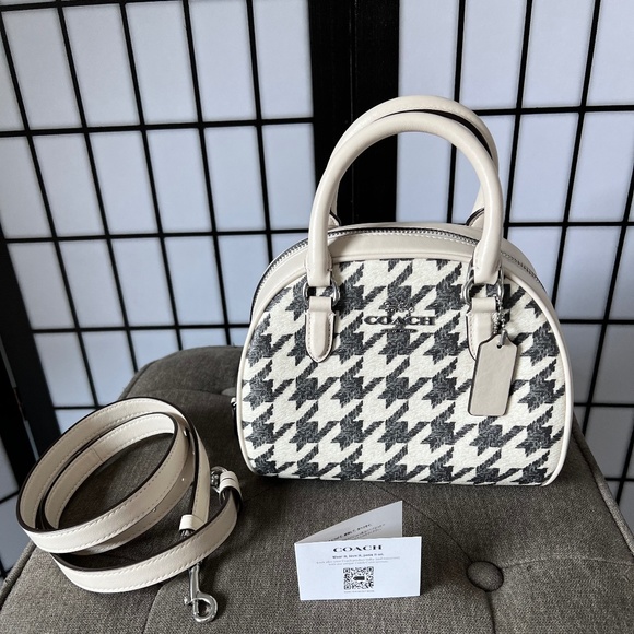 COACH Silver/Cream/Black Sydney Satchel With Houndstooth Print - Picture 1 of 7